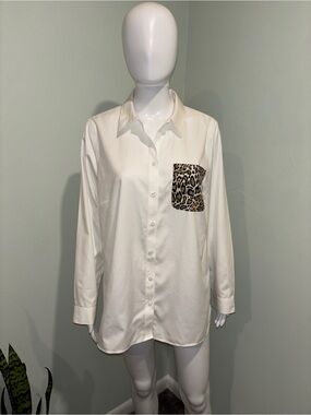 Chico’s White Button Down Long Sleeve Shirt w/ Leopard Print Pocket - 1